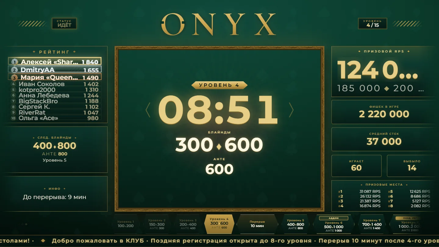 Покерный таймер на экране клуба: тема onyx