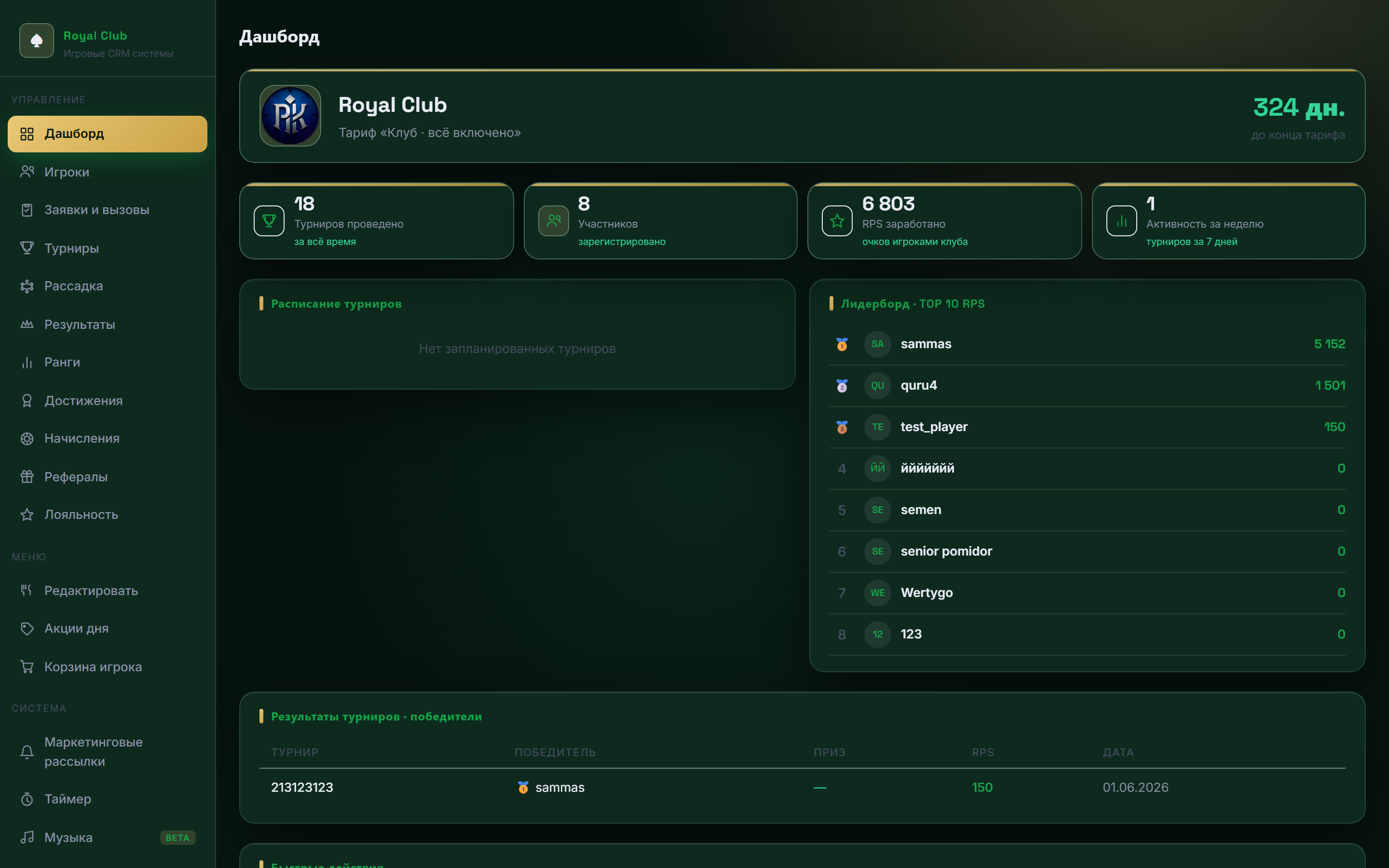 Дашборд CRM для покерного клуба Game CRM